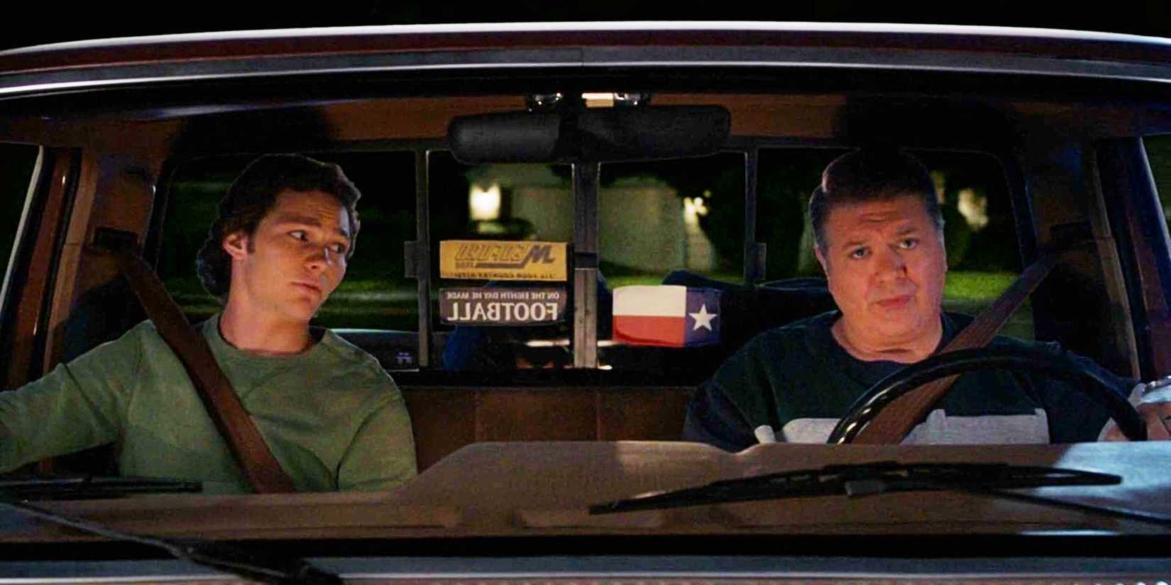 Georgie and George Cooper sitting in a car in Young Sheldon season 6 episode 13