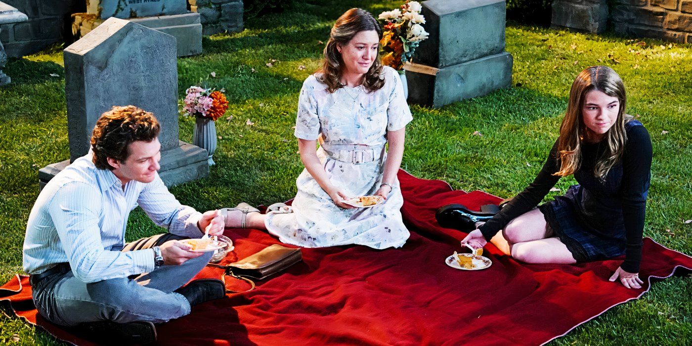 Georgie, Mary, and Missy sitting at George Sr's grave in Georgie & Mandy's First Marriage