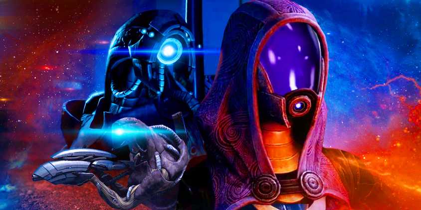 Geth And Quarians from Mass Effect on a red and blue background.