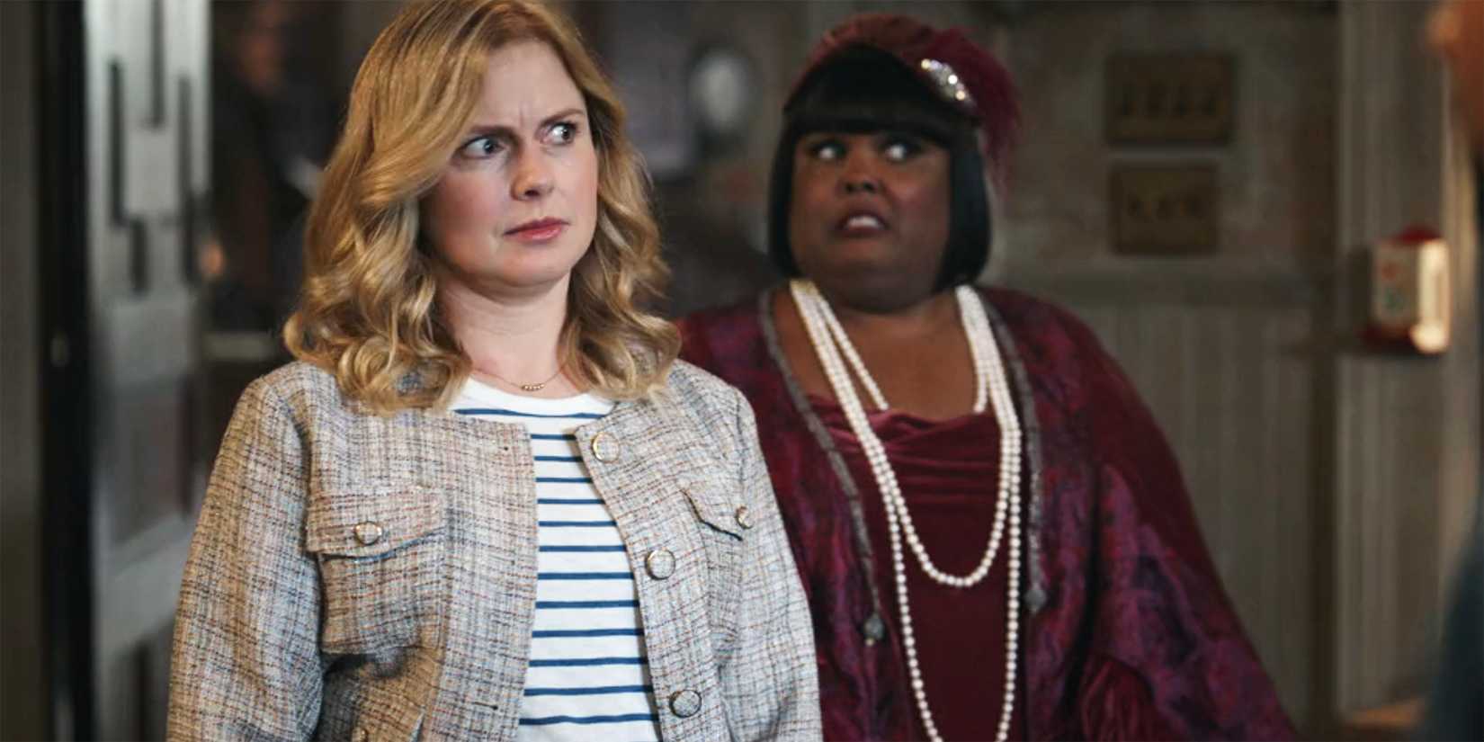 Sam and Alberta looking disturbed in Ghosts season 4, episode 5
