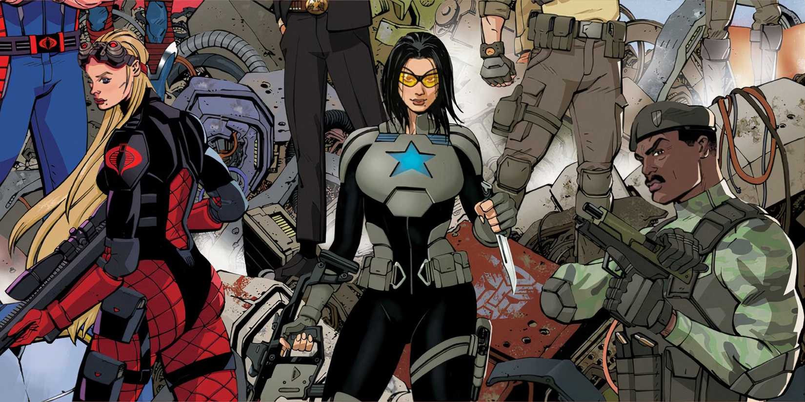 Comic book art: G.I. Joe #1 group shot with Chameleon (left) Baroness (Center) and Stalker (right)