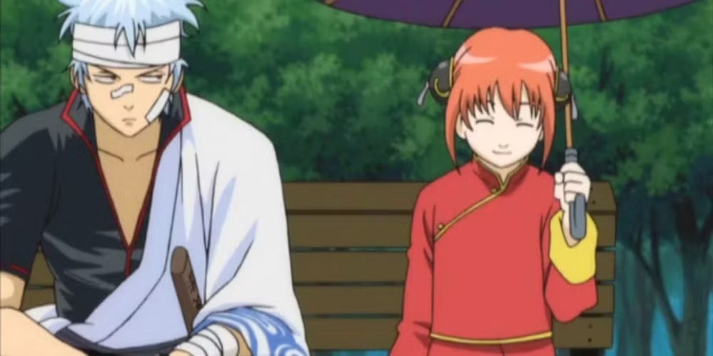 Gintama's Gin frowning at a smiling Kagura holding an umbrella.