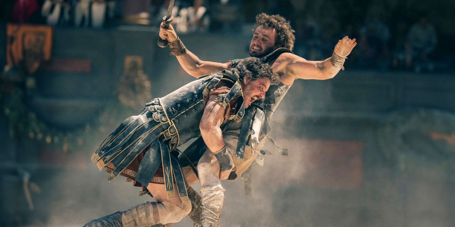 Pedro Pascal's Acacius tackling Paul Mescal's Lucius in Gladiator II