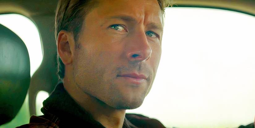 Close-up of Glen Powell as Tyler in Twisters looking offscreen