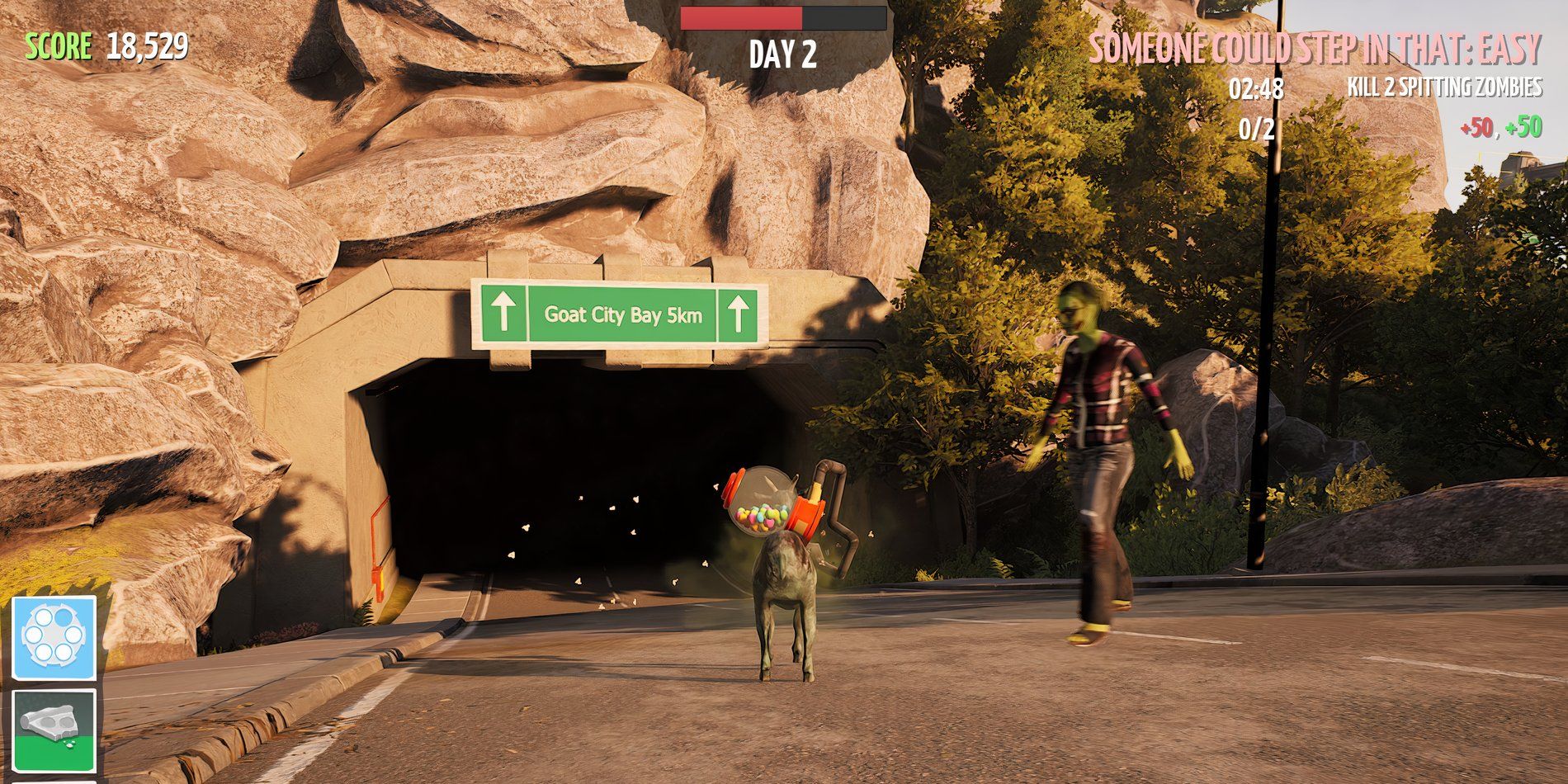 لقطة شاشة من محتوى Goat Simulator Remastered GOATZ DLC تُظهر زومبي والماعز المصاب يقفان أمام النفق المؤدي إلى منطقة Great City Bay DLC.