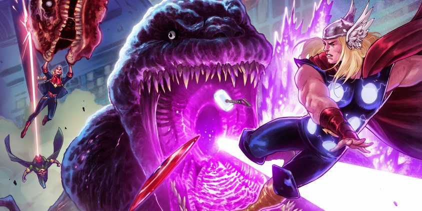 Godzilla fights Thor and the other Avengers