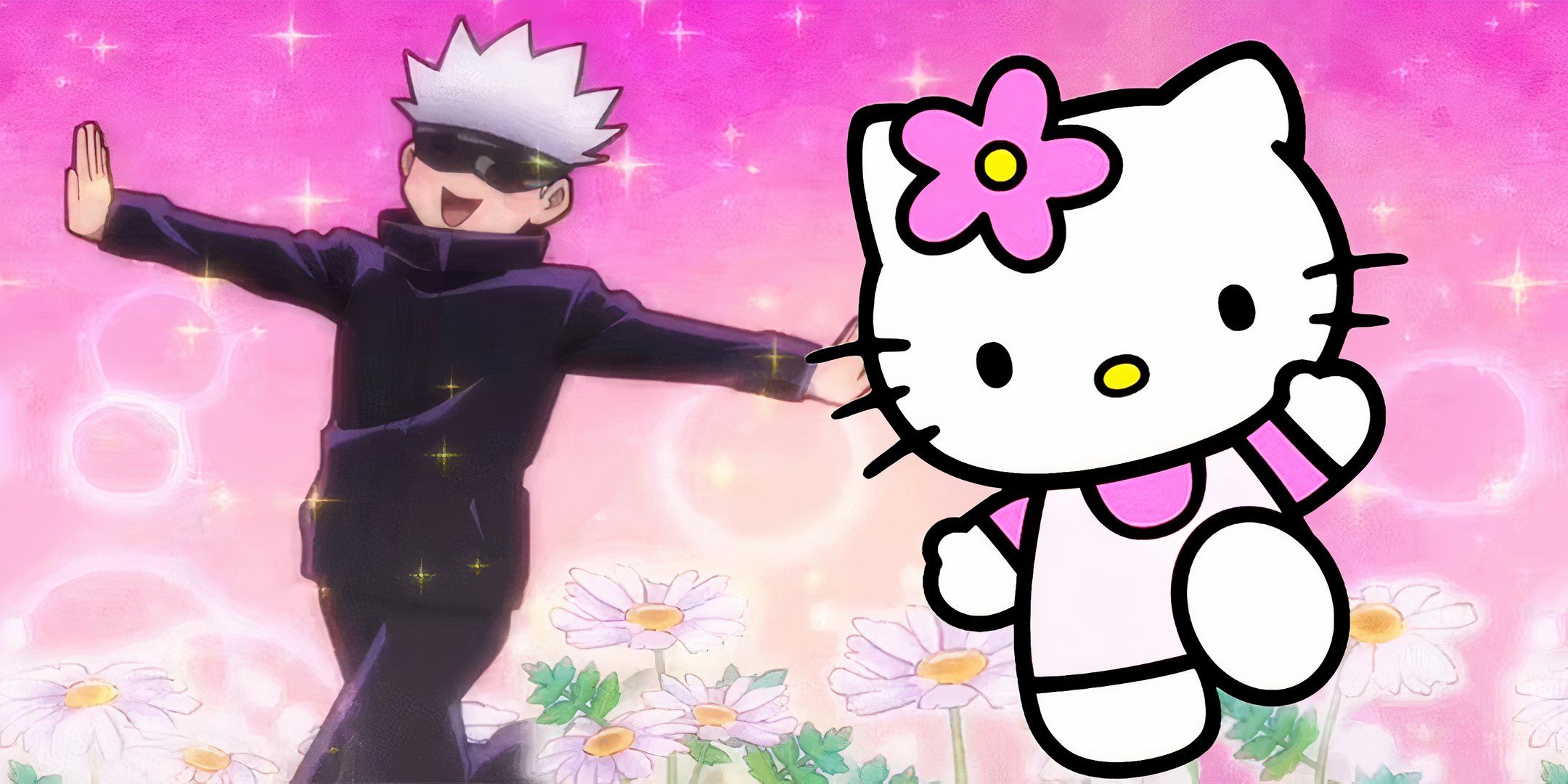 gojo from jujutsu kaisen skipping through a field of flowers with hello kitty