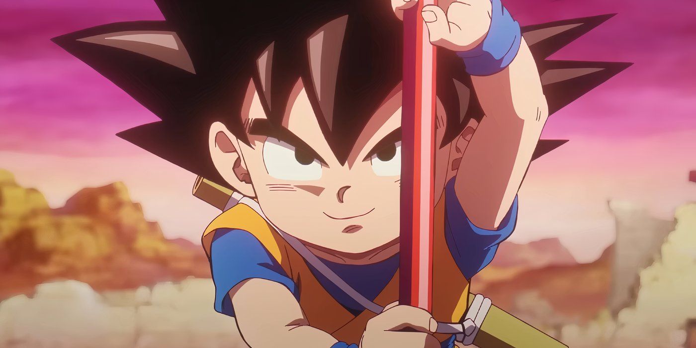 Close de Goku segurando seu poste de energia em Daima.