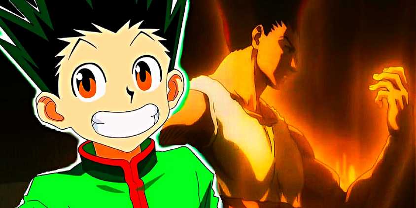 Gon smiling next to a picture of Gon in his adult form looking at his hand.