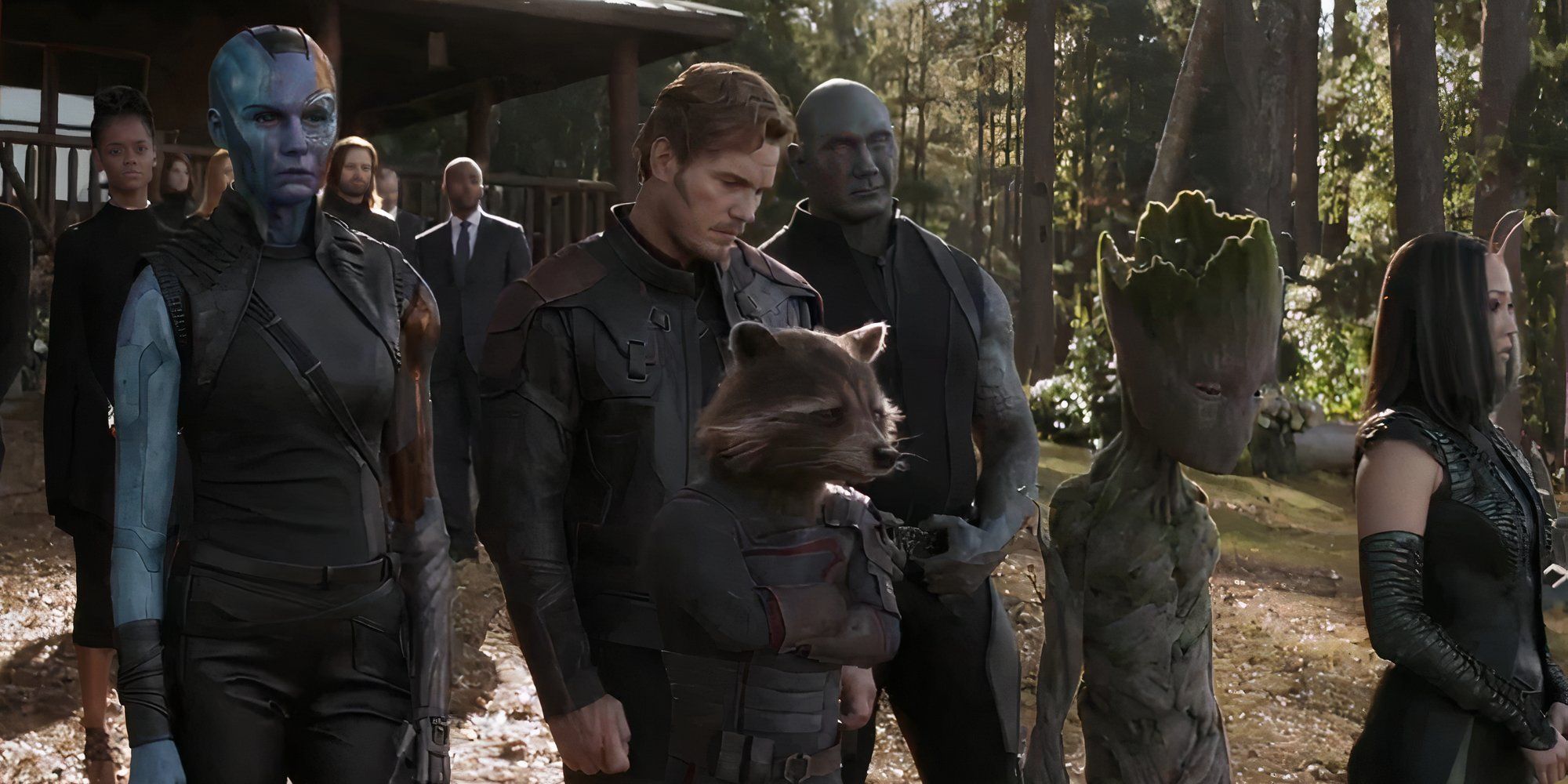 Karen Gillan as Nebula, Chris Pratt as Star Lord, Rocket, Dave Bautista as Drax, Groot, and Pom Klementieff as Mantis stand in silence at Tony Stark's funeral in Avengers: Endgame