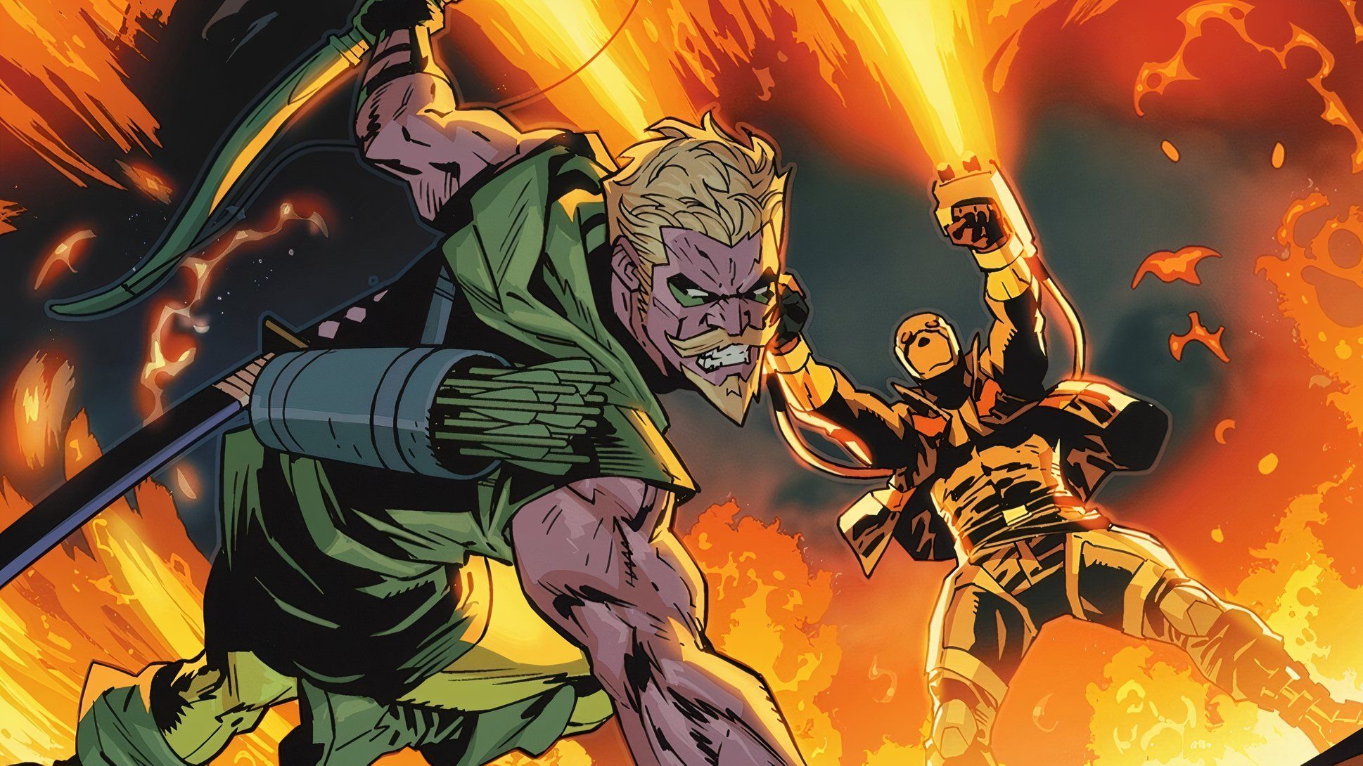 Green Arrow Dodging Firestarter Flames DC