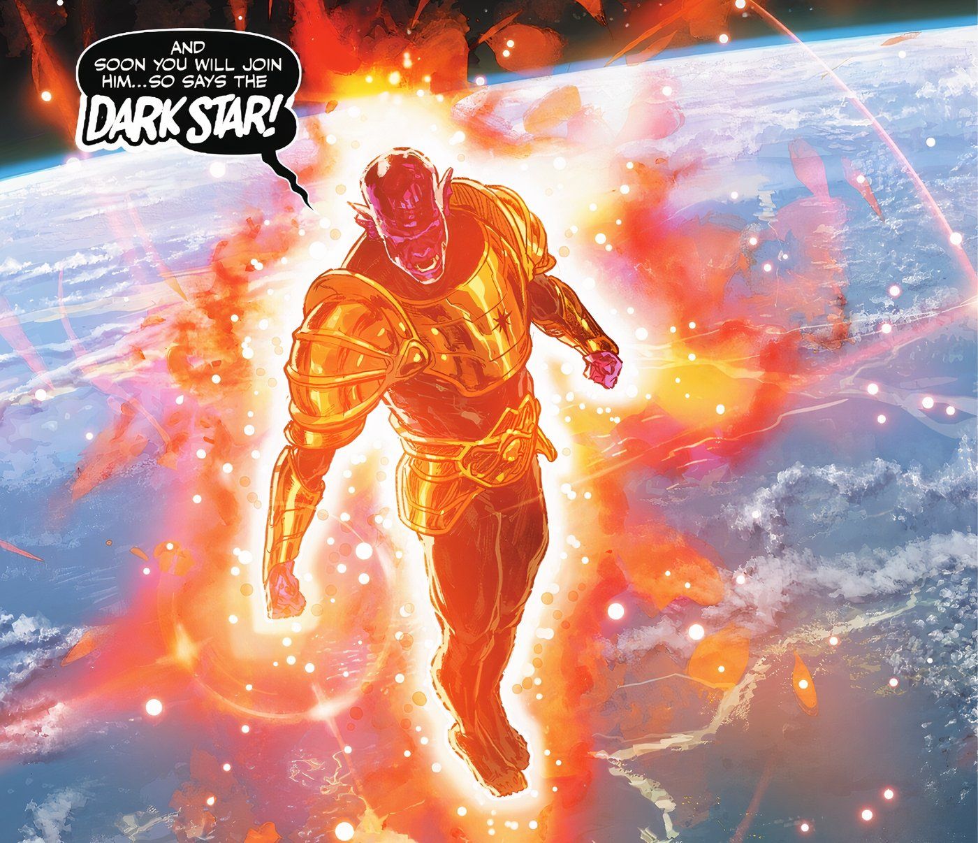 Painel de quadrinhos: Lord Premier Thaaros se transforma usando o Dark Star Ring