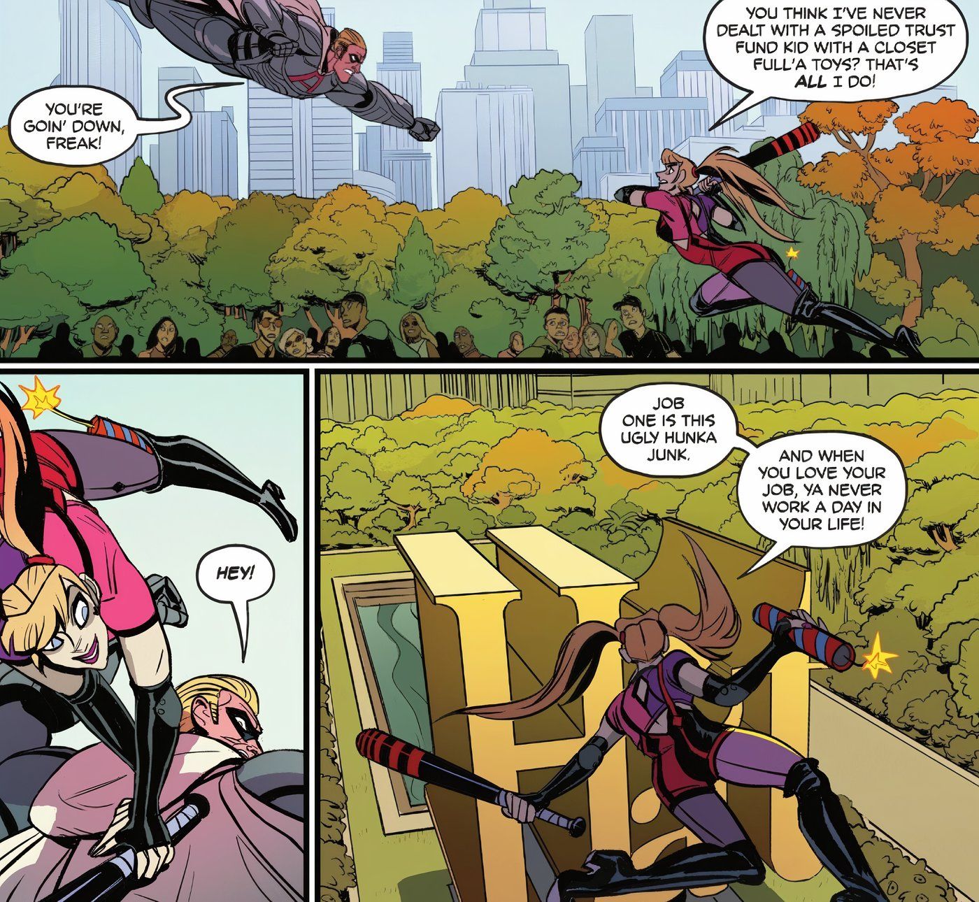 Painéis de quadrinhos: Harley Quinn luta contra The Amenity e o compara ao Batman