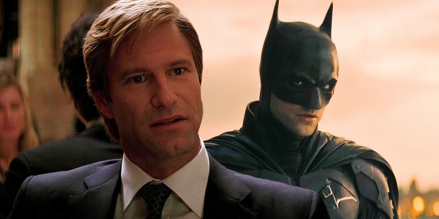 Aaron Eckhart como Harvey Dent em O Cavaleiro das Trevas (2008) ao lado de Robert Pattinson como O Batman (2022)