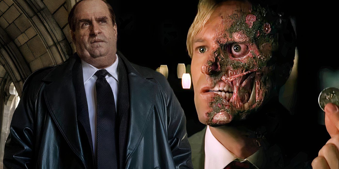 Harvey Dent segurando sua moeda em O Cavaleiro das Trevas (2008) ao lado de Colin Farrell como Oswald Cobb em O Pinguim (2024)