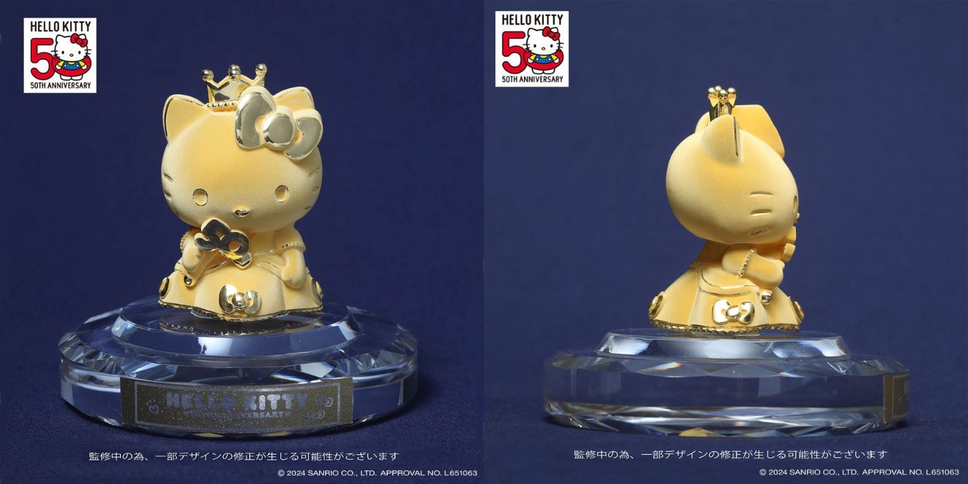 Hello Kitty 50th Anniversary Gold Statue front and side view