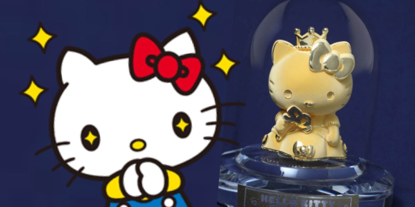 Hello Kitty with shocked sparkle eyes next to her 50th Anniversary gold statue