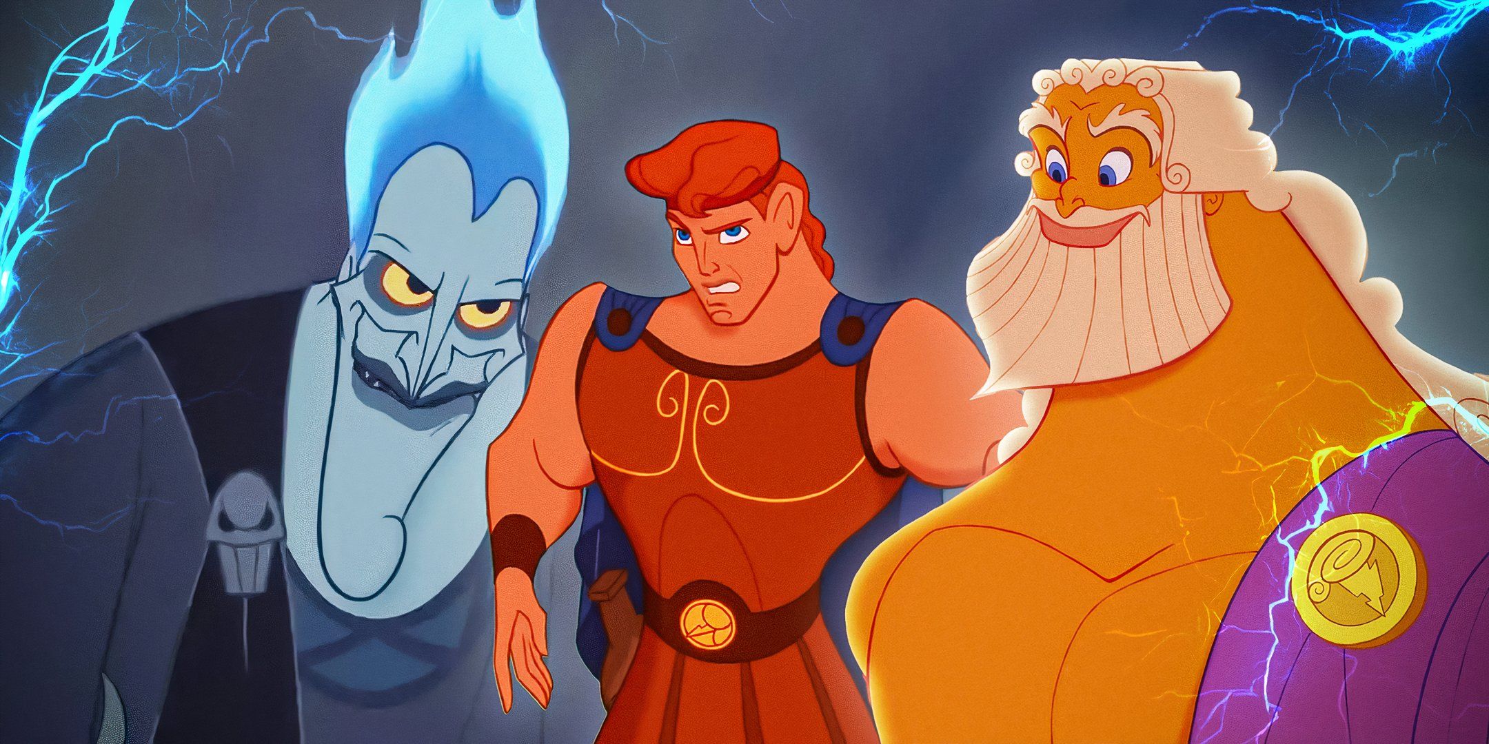 Blended image of stills from Disney's Hercules 1997 featuring Hades Hercules and Zeus