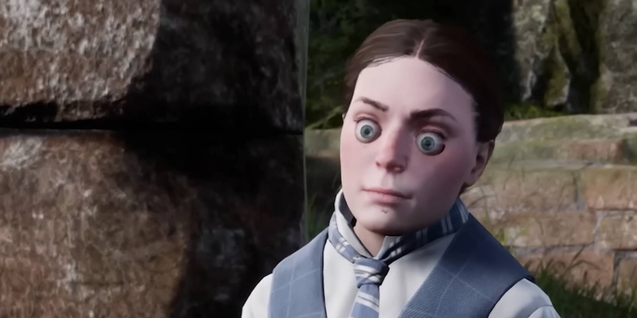 A character in Hogwarts Legacy bugging out with large eyes.