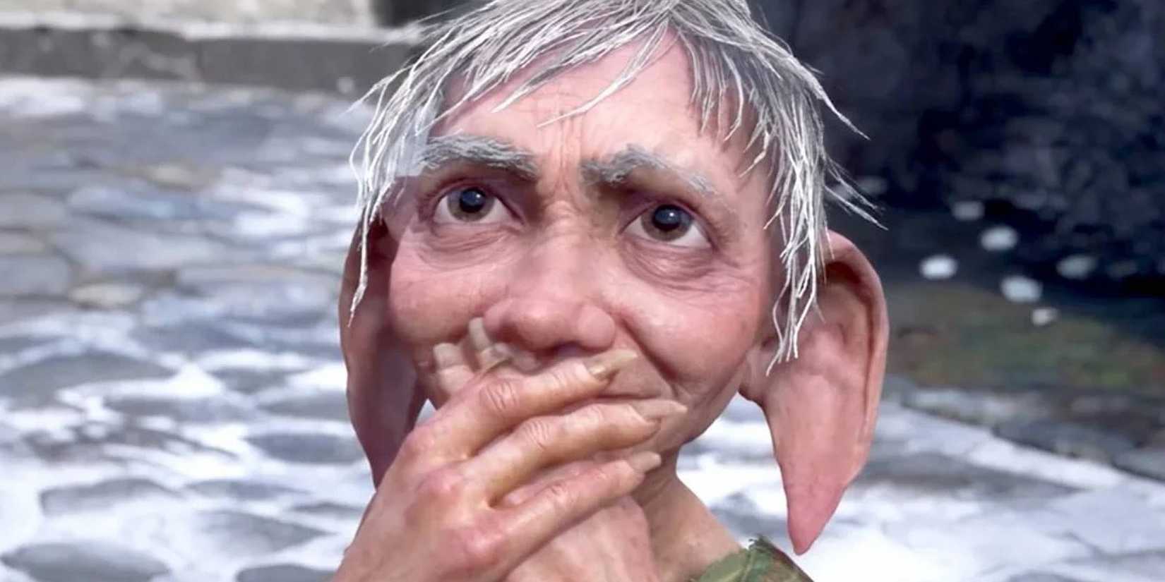 Penny with her hands over her mouth outside of a shop in the snow in Hogwarts Legacy.
