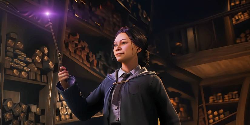 Hogwarts Legacy Student holding Want and looking at it happily.