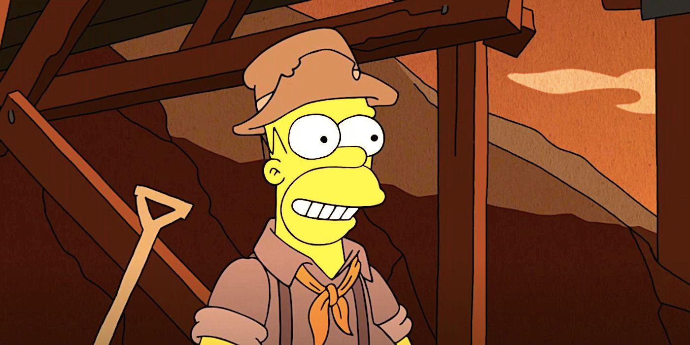 Homer smiles excitedly in an 1800s workplace from The Simpsons Treehouse of Horror XXXV Fall of the House of Monty