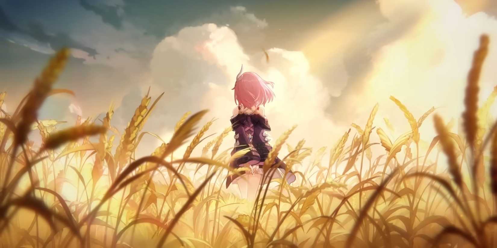 Honkai Star Rail's Cyrene if faced with her back toward the viewer while standing on a wheat field.