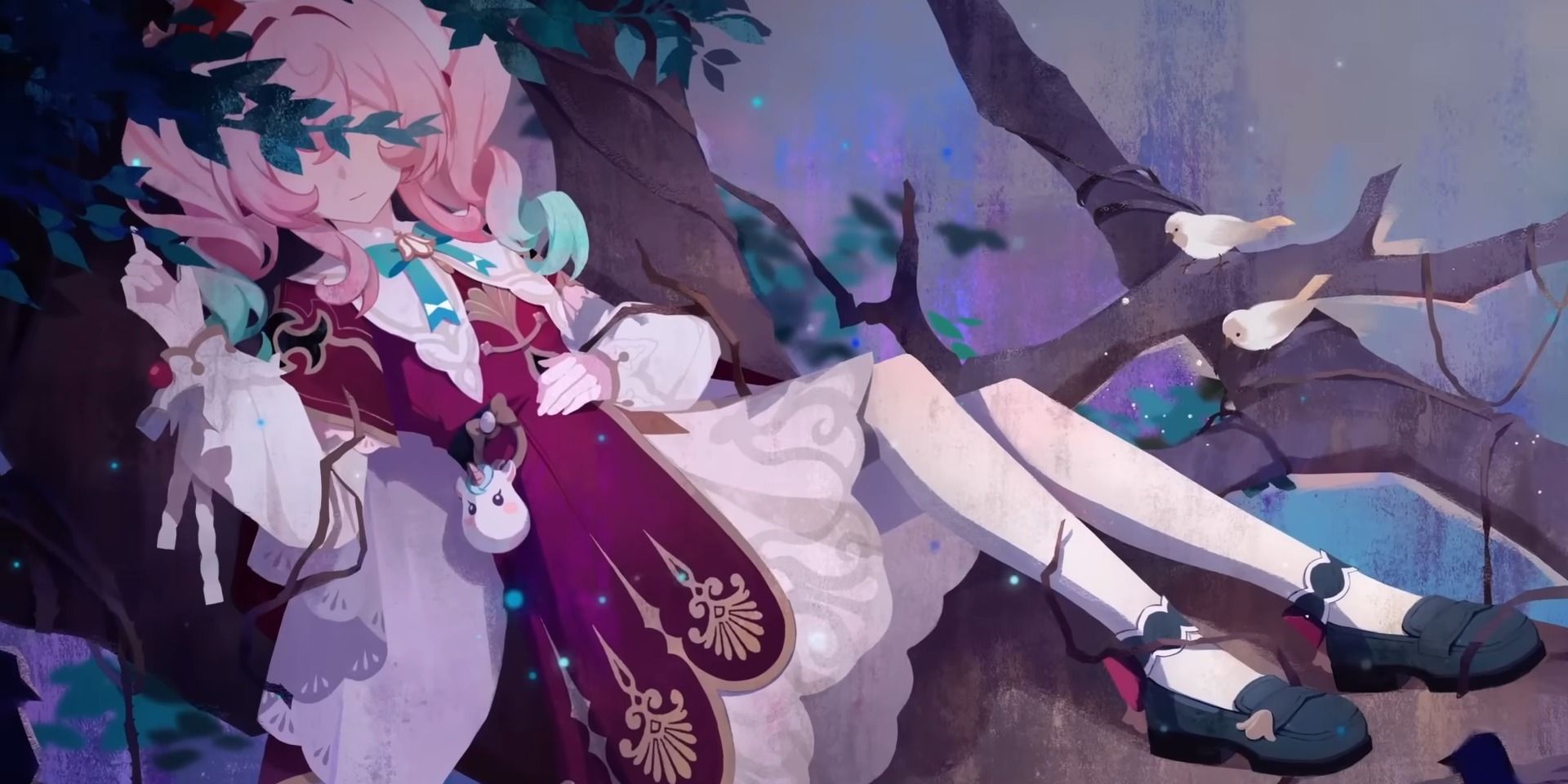 Honkai Star Rail&rsquo;s Hyacine lays on a tree.