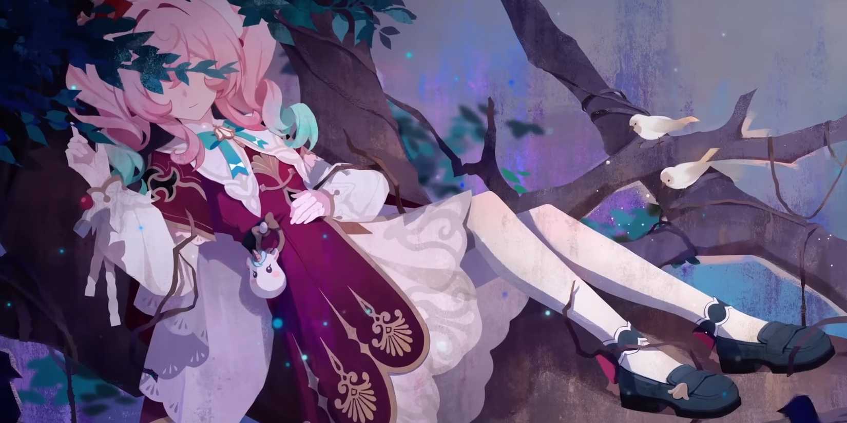 Honkai Star Rail's Hyacine lays on a tree.