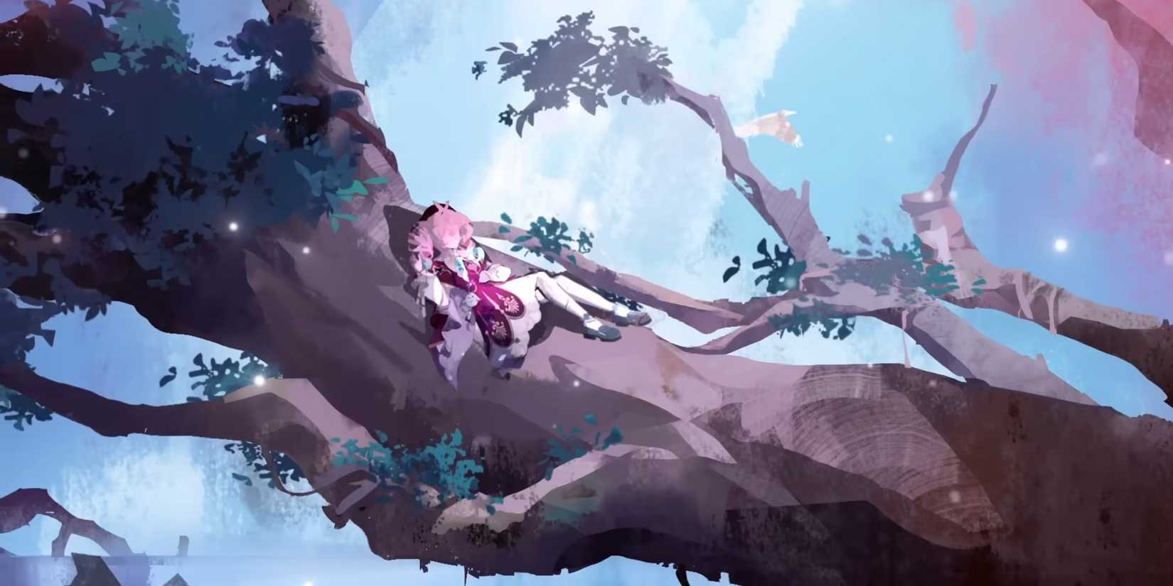 Honkai Star Rail's Hyacine lays on a tree.