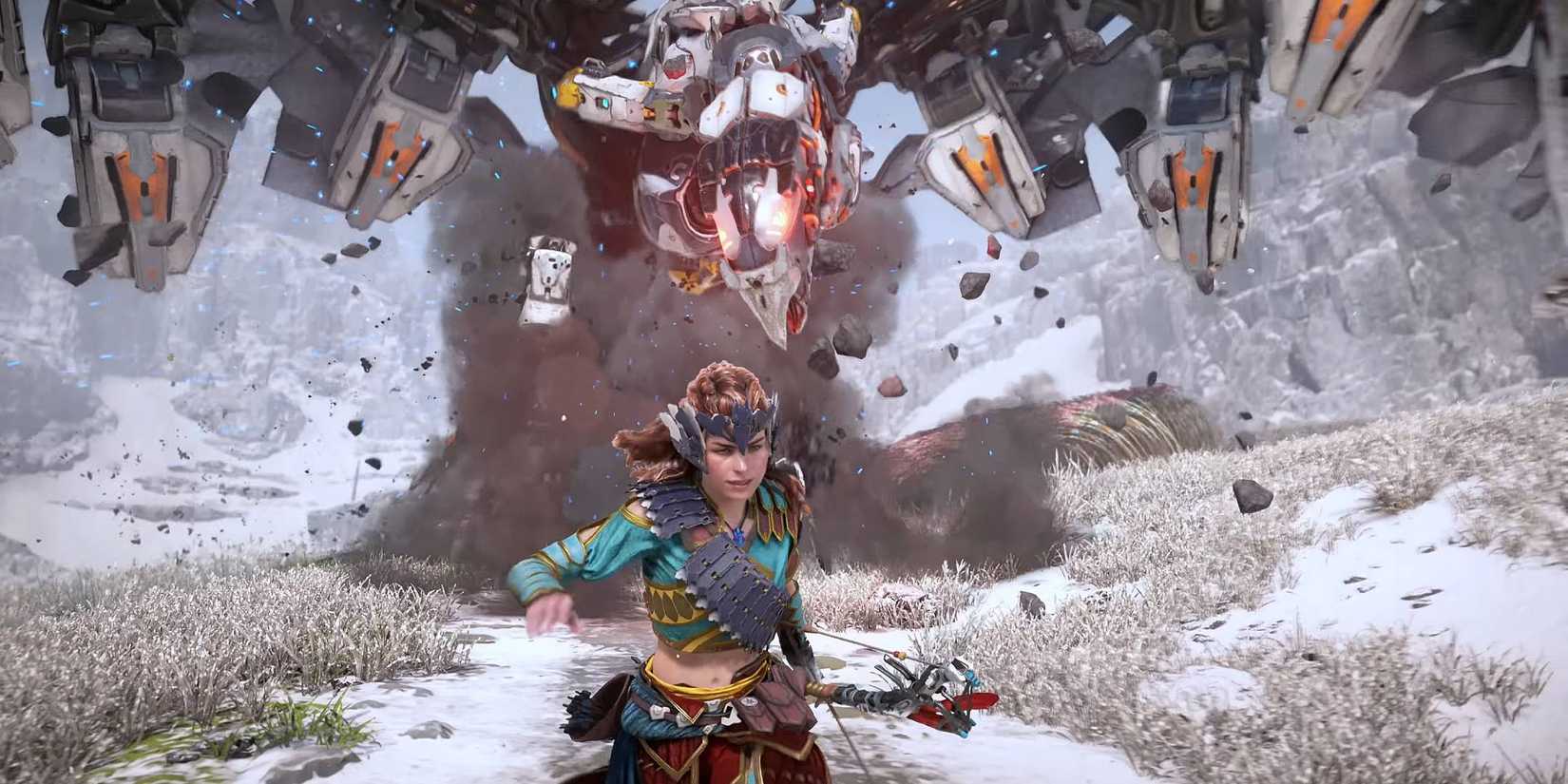 Aloy in Carja armor being chased by a stormbird in the snow in Horizon Zero Dawn Remastered.