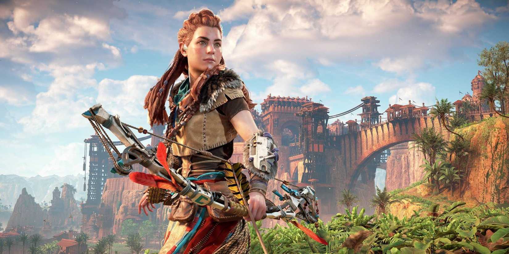 Aloy holding a bow outside of Meridian in Horizon Zero Dawn Remastered.