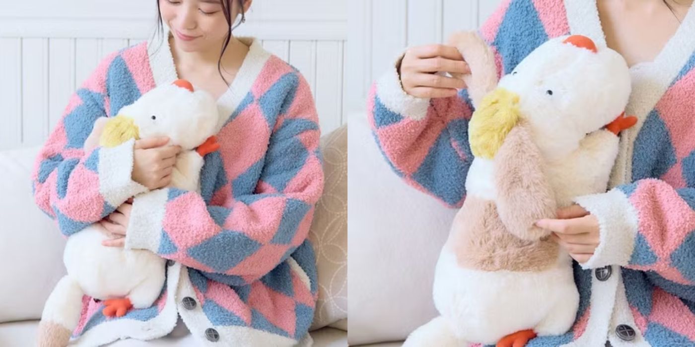 Duas fotos de uma modelo usando produtos do Howl's Moving Castle e segurando a pelúcia Heen limitada