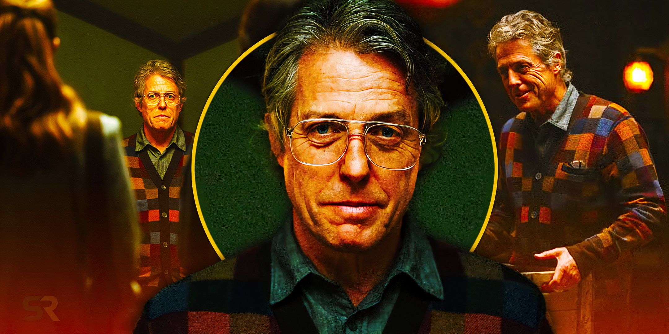 Multiple images of Hugh Grant as Mr. Reed in the Heretic