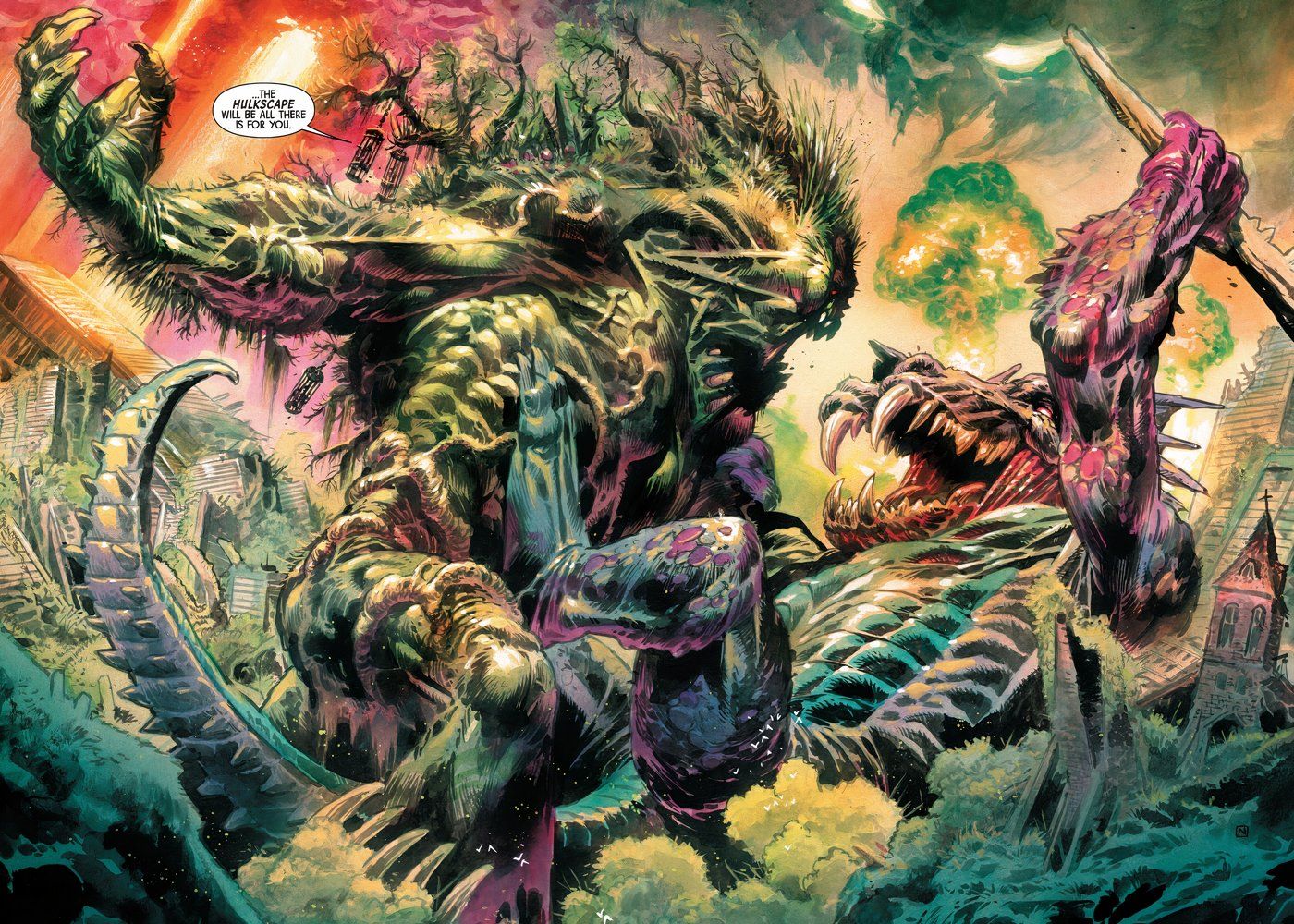 Hulk do tamanho de Kaiju lutando contra um monstro gigante no Hulkscape.