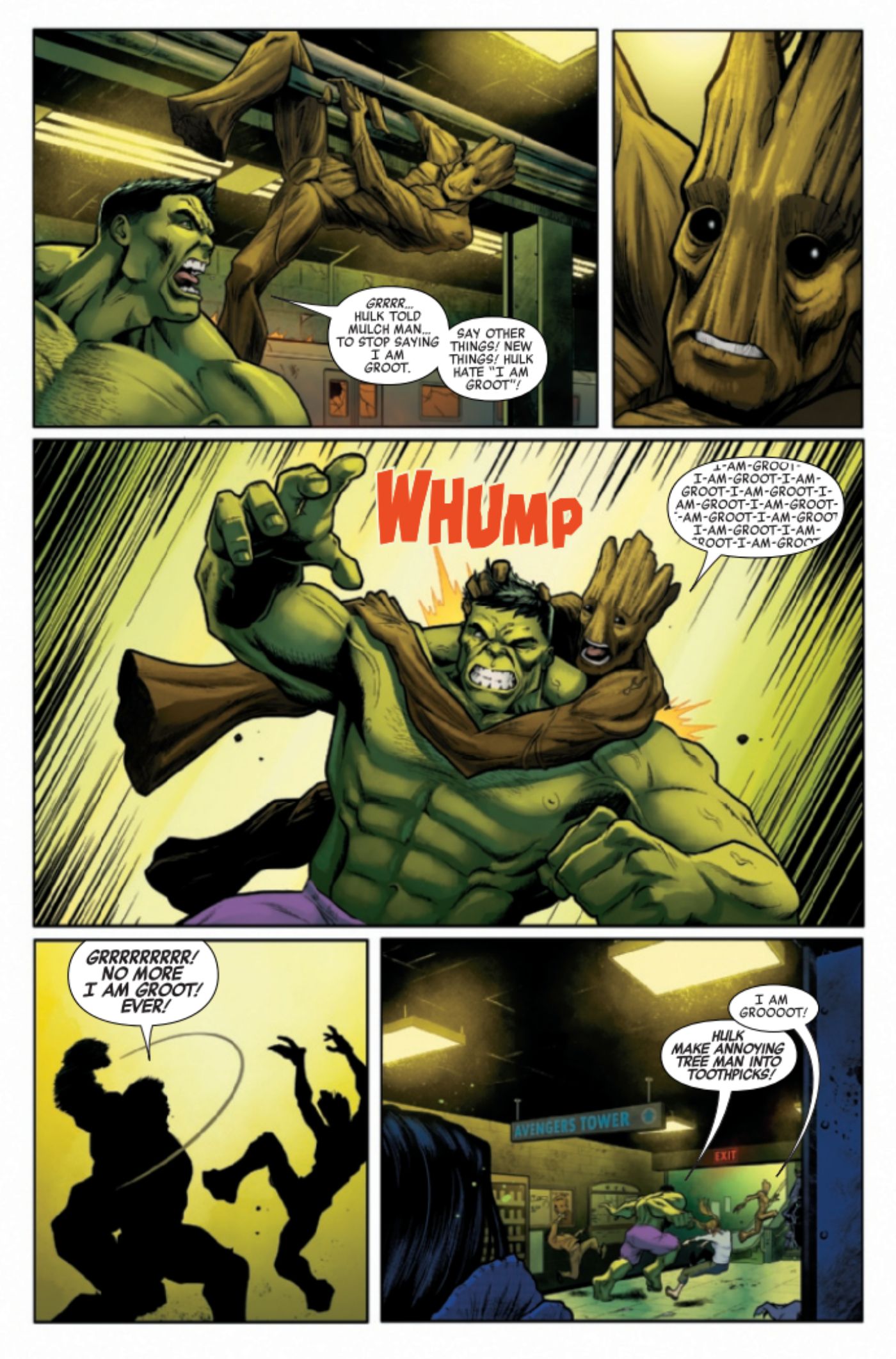 Página de quadrinhos: Hulk fica irritado com Groot, dizendo a ele para parar de dizer "Eu sou Groot" repetidamente