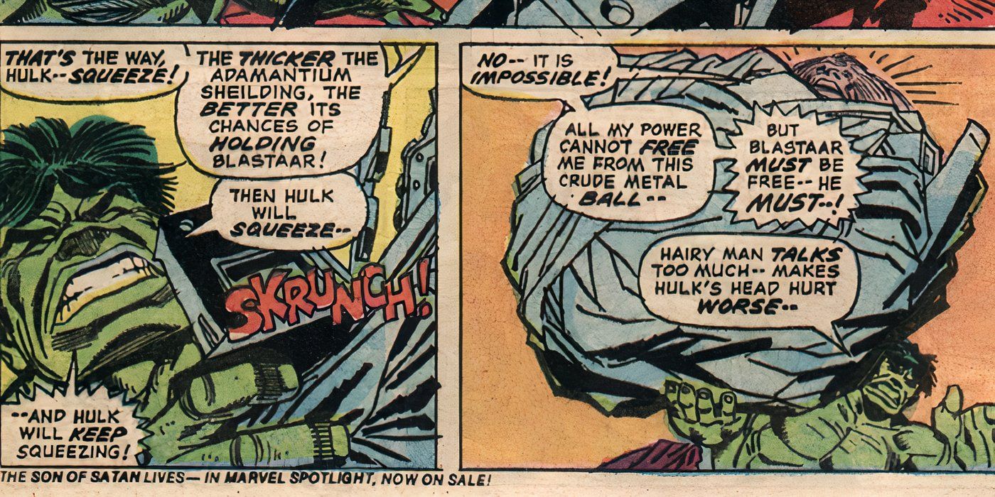 Hulk squeezes adamantium into a ball to trap Blastaar