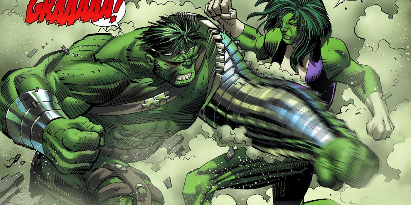 Hulk vs She-Hulk durante o evento Hulk da Guerra Mundial da Marvel Comics.