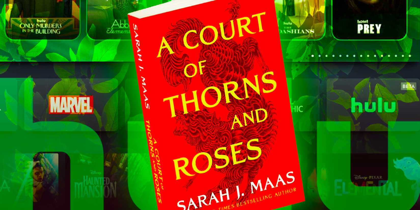 The cover of A Court of Thorns & Roses by Sarah J. Maas and the Hulu logo with Hulu's homepage as a background