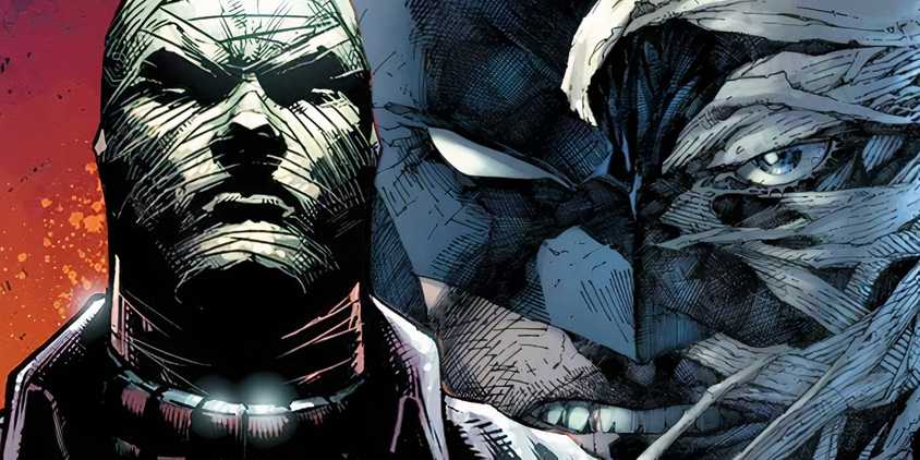 Hush to the left and half Batman half Hush face to the right