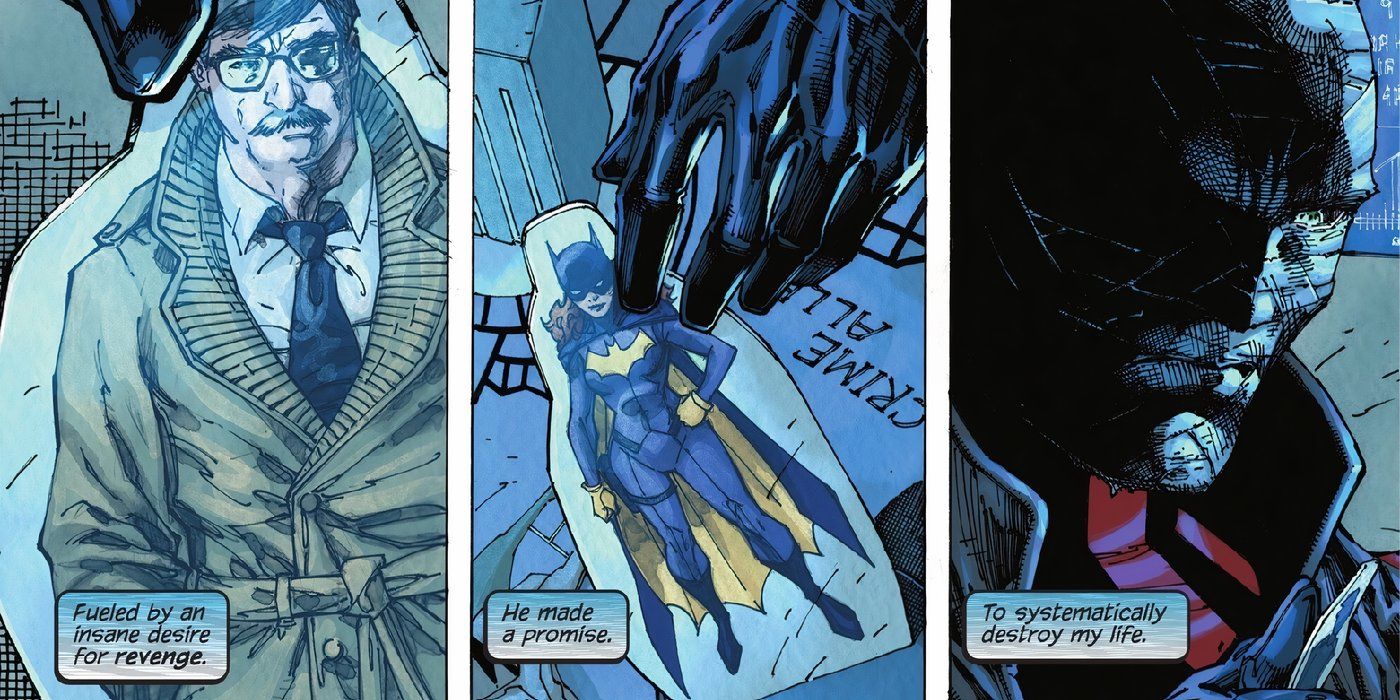 Hush playing with cut-outs of Gordon first, then Batgirl then a shot of him looking in shadow
