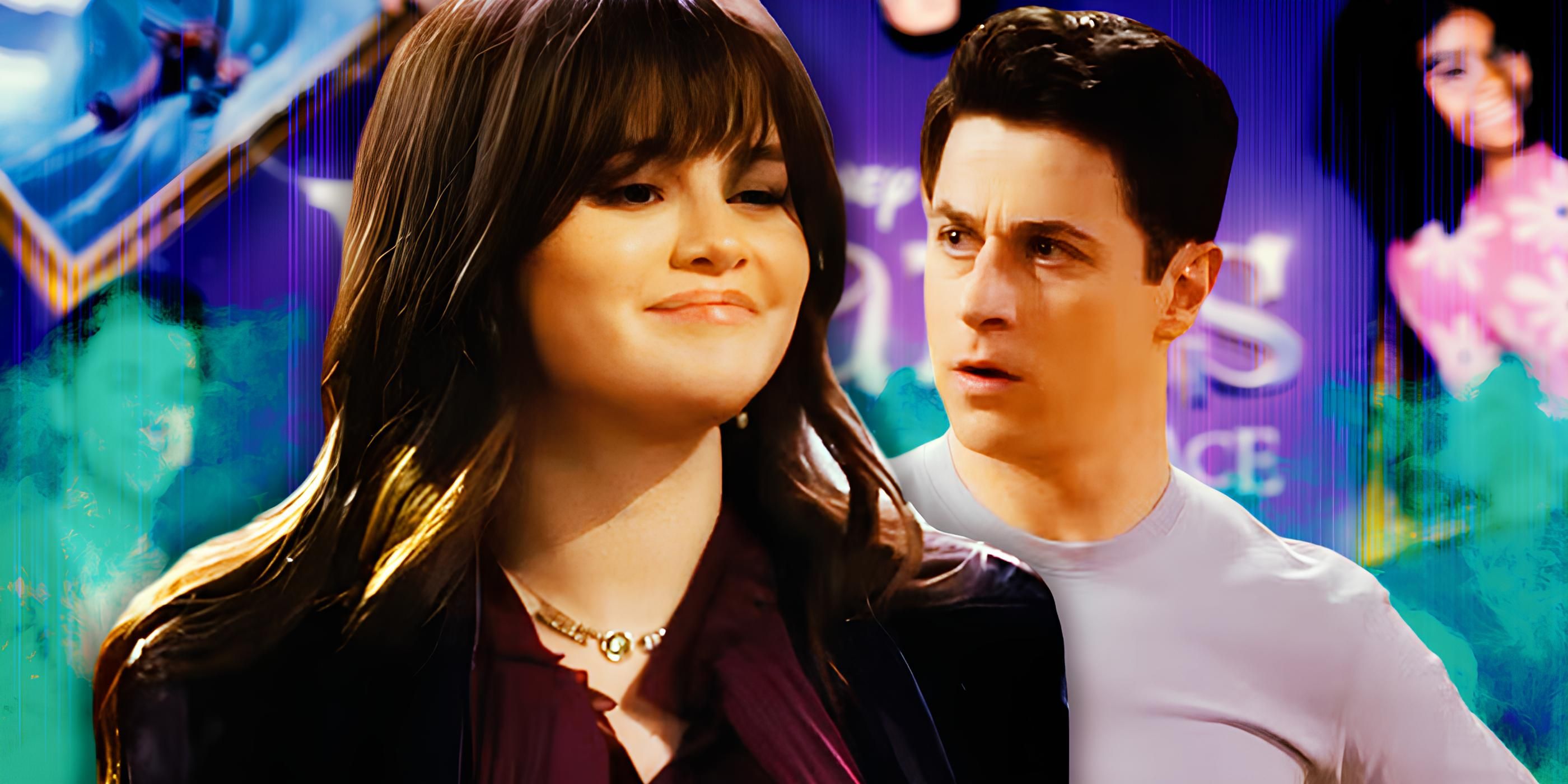 Selena Gomez smiling as Alex Russo in Wizards Beyond Waverly Place to the left and David Henrie looking shocked as Justin Russo to the right in front of blurry imagery from Wizards Beyond Waverly Place