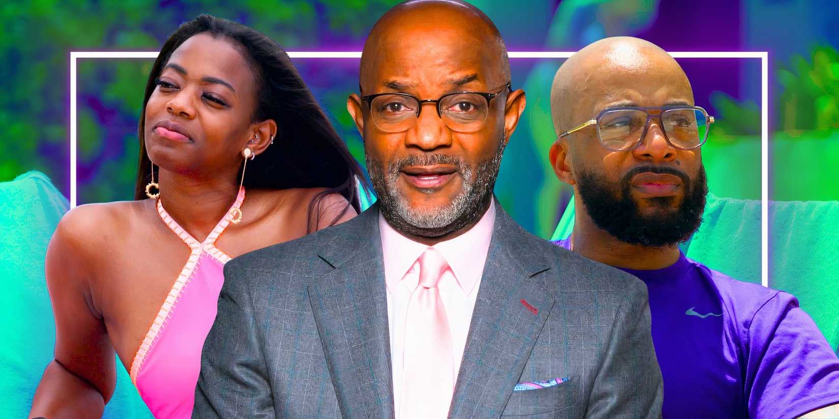 Married At First Sight Season 18 cast members & MAFS expert Pastor Cal Roberson with Ikechi & Emem in the background