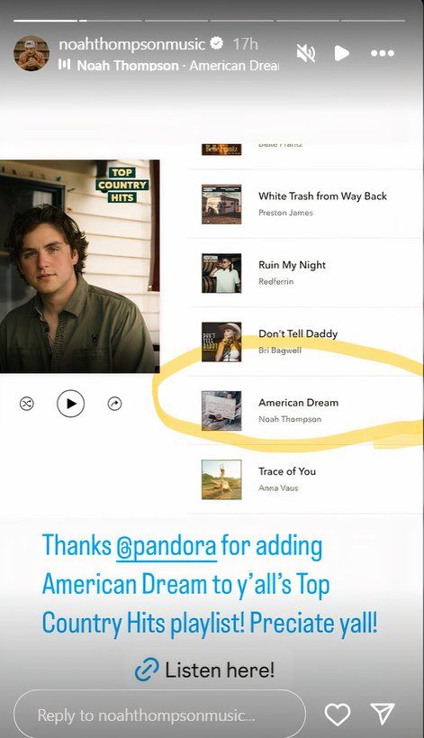 Idol Noah PandoraAmerican Idol winner Noah Thompson's Instagram Story about Pandora
