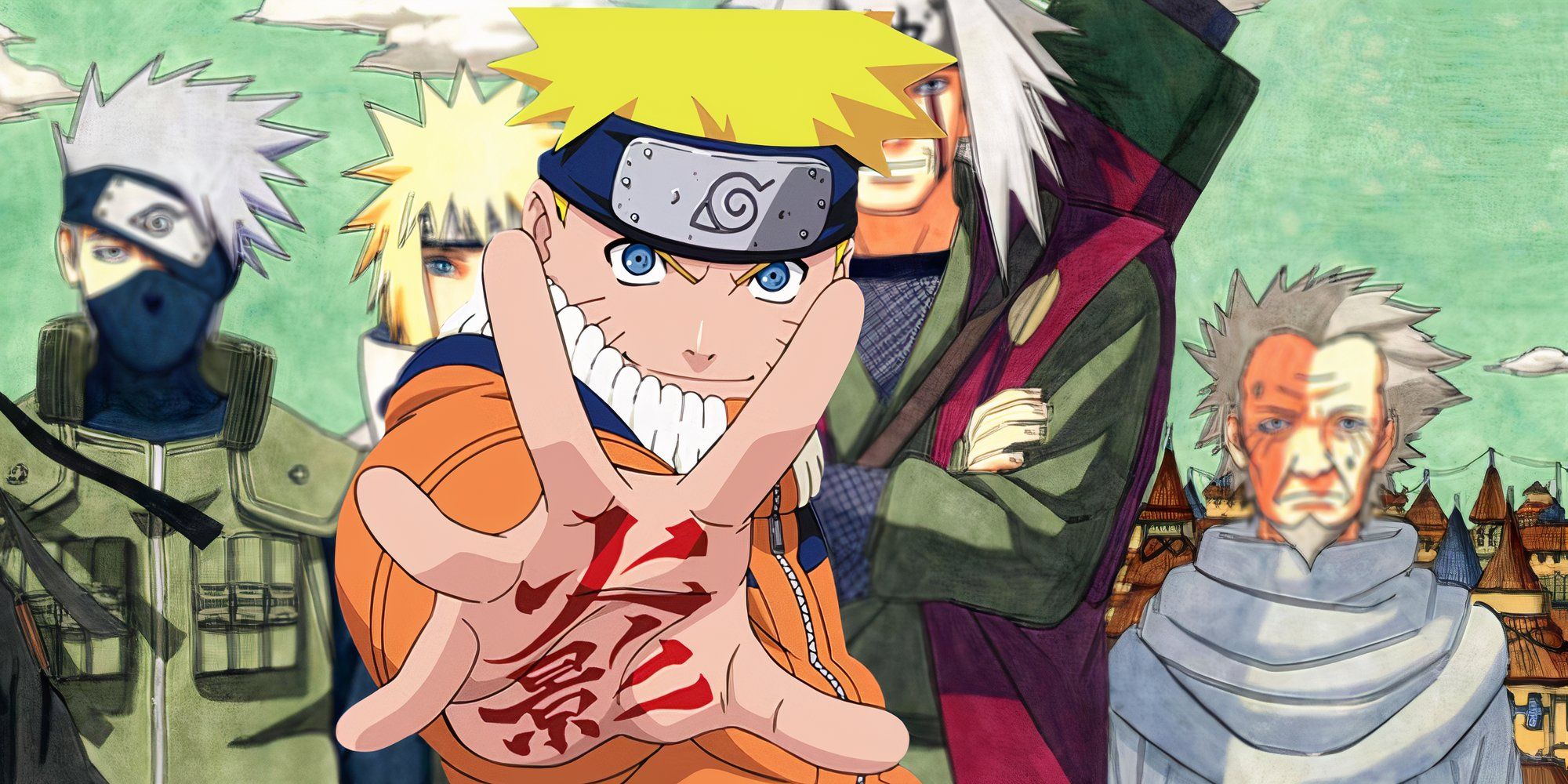 Naruto Stating illustration before a photo of Kakashi, Minato, Jiraiya-And-Hiruzen