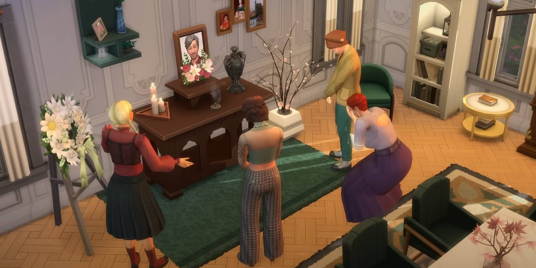 Família de Sims do The Sims 4 de luto por um ente querido que faleceu na expansão Vida e Morte