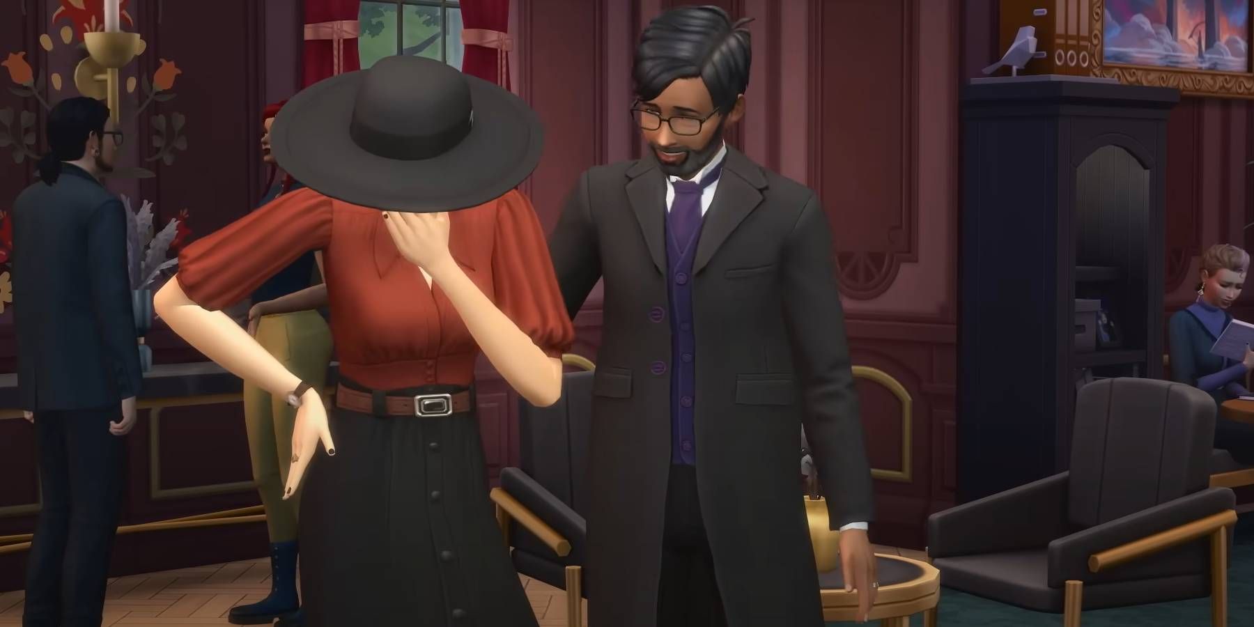 Diretor Funerário de The Sims 4 Vida e Morte confortando familiar/amigo de alguém que morreu