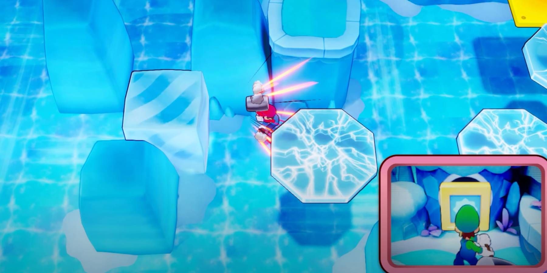 Mario & Luigi Brothership Mario hitting ice block with hammer during Slippenglide Island ice block puzzle