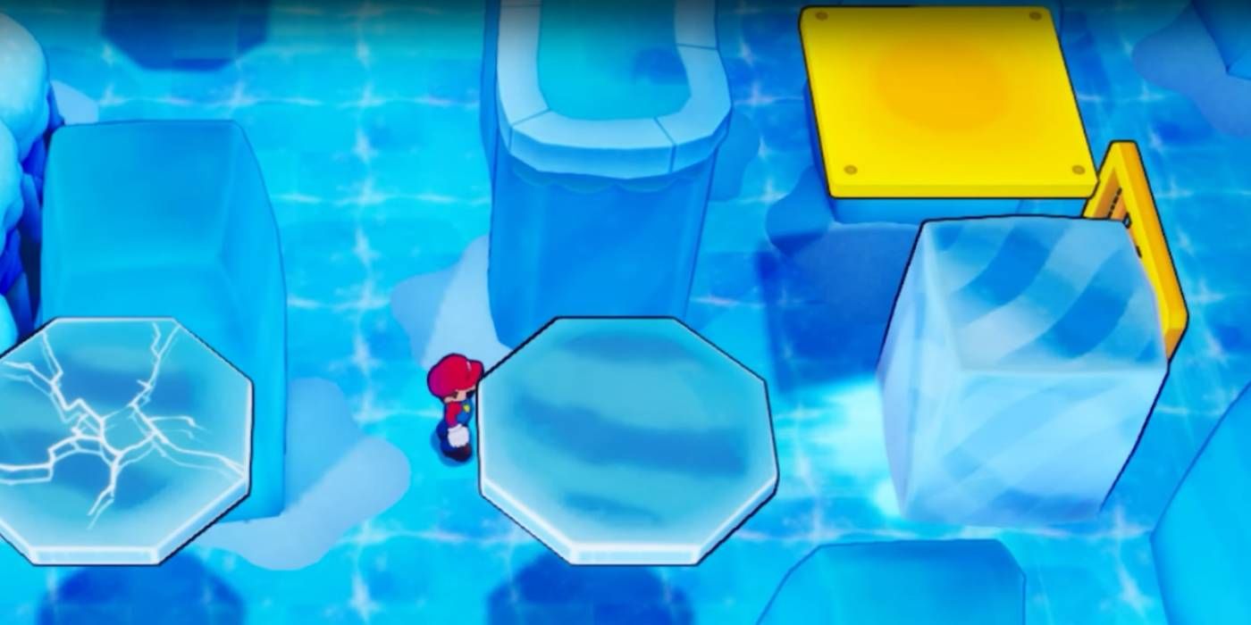 Mario & Luigi Brothership Mario using yellow gate to stop ice block during Slippenglide ice block puzzle