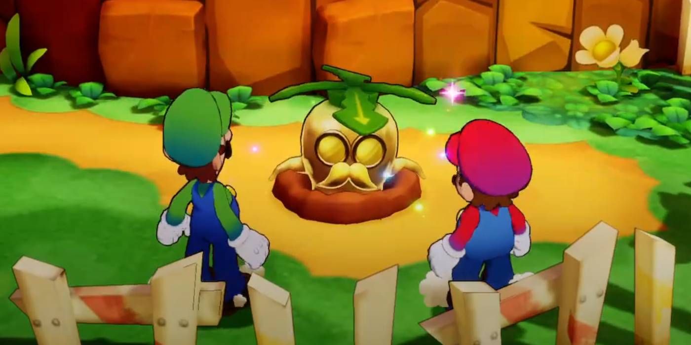 Irmandade Mario e Luigi encontrando o Nabo Grampy Dourado colecionável na Ilha Shipshade